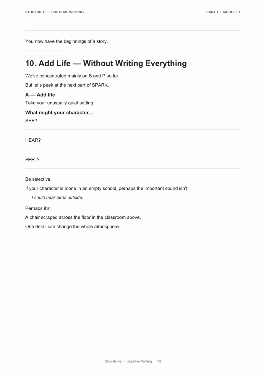 Practice page from the StudyBrite Creative Writing programme