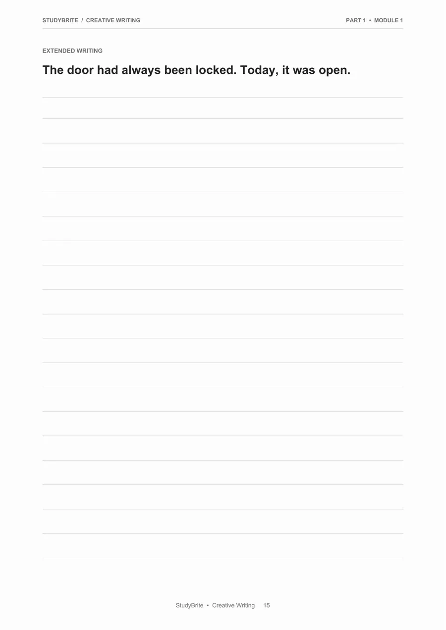 Extended writing page from the StudyBrite Creative Writing programme
