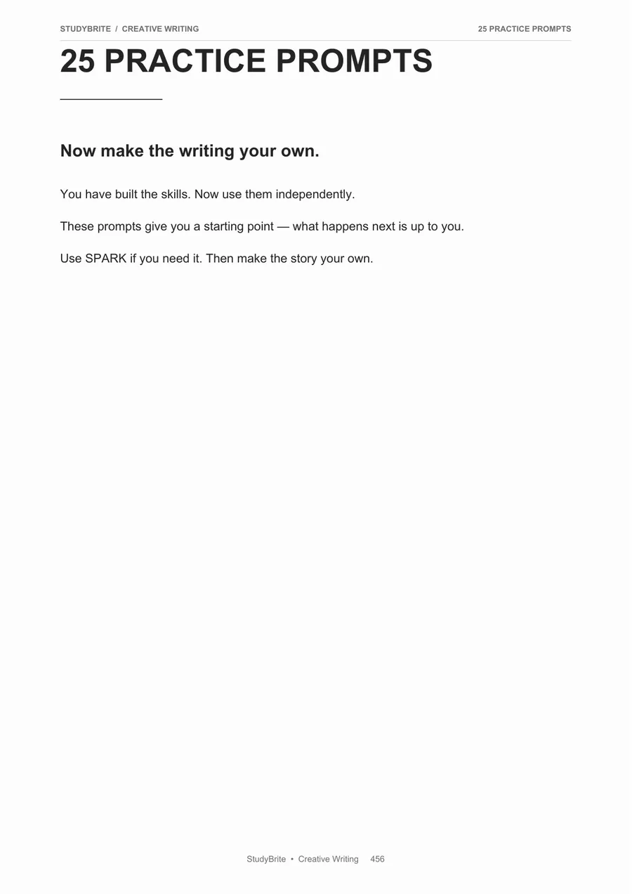Practice Prompts page from the StudyBrite Creative Writing programme