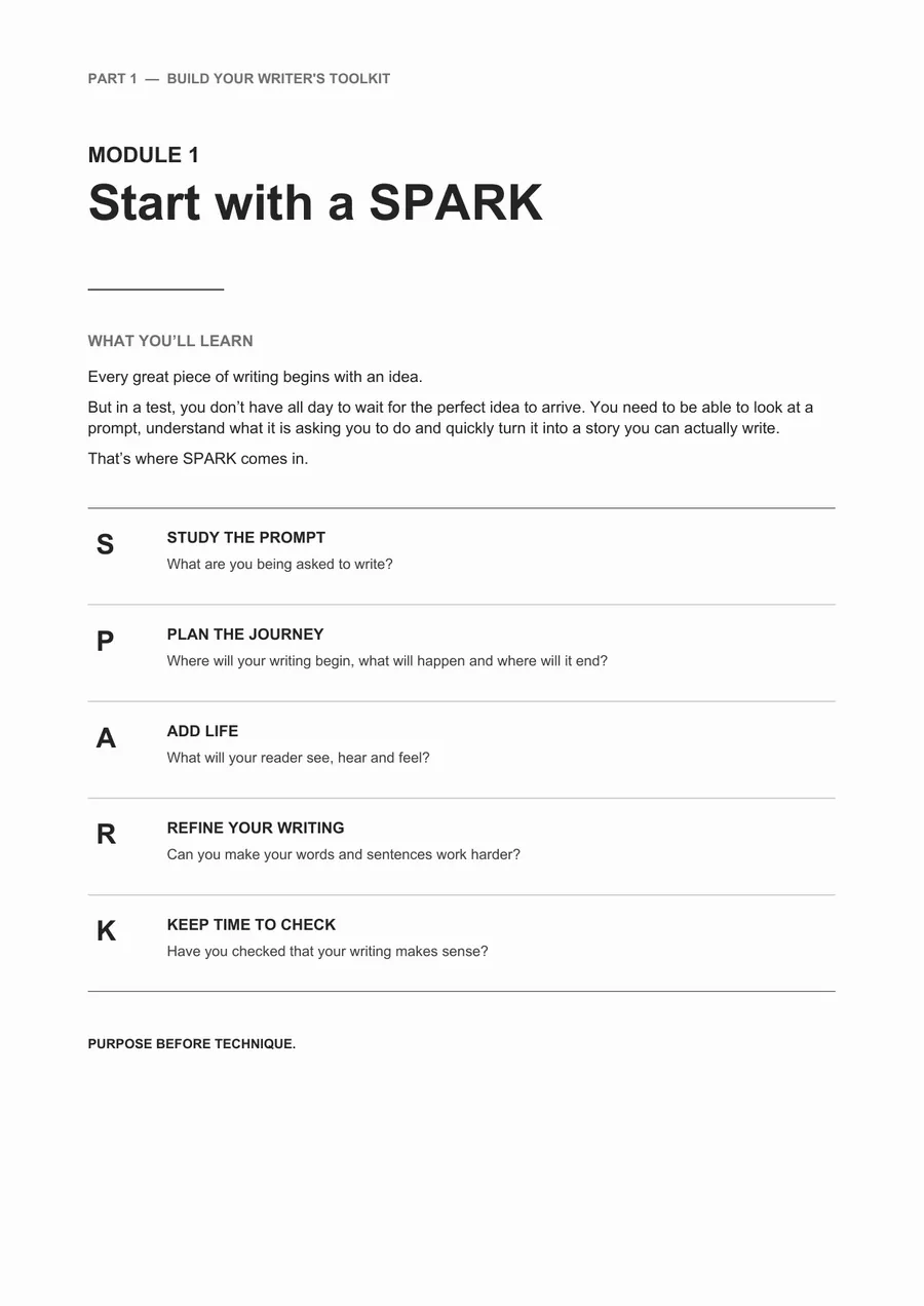 SPARK page from the StudyBrite Creative Writing programme