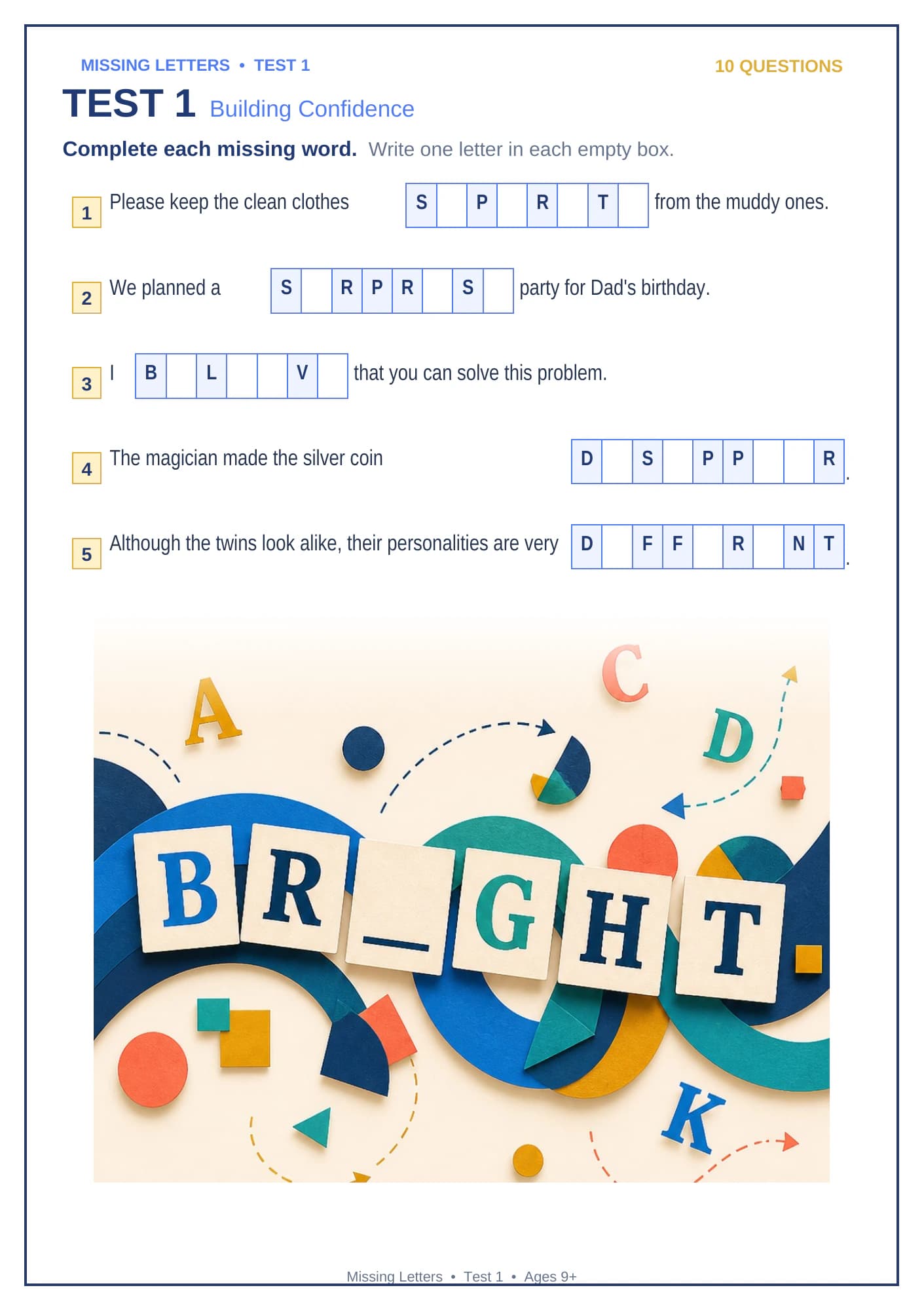 StudyBrite Missing Letters Test 1 questions 1 to 5