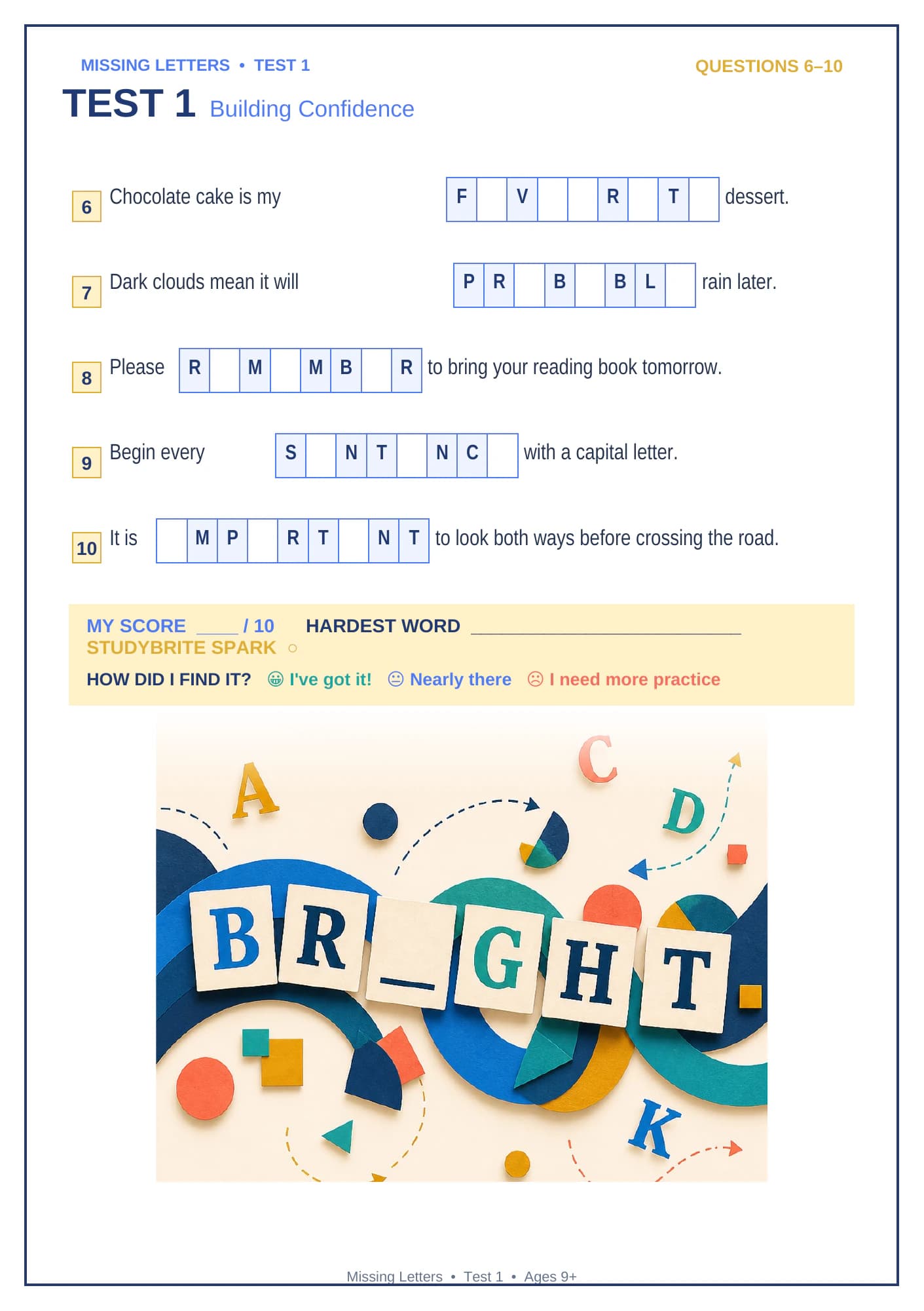 StudyBrite Missing Letters Test 1 questions 6 to 10 with progress reflection