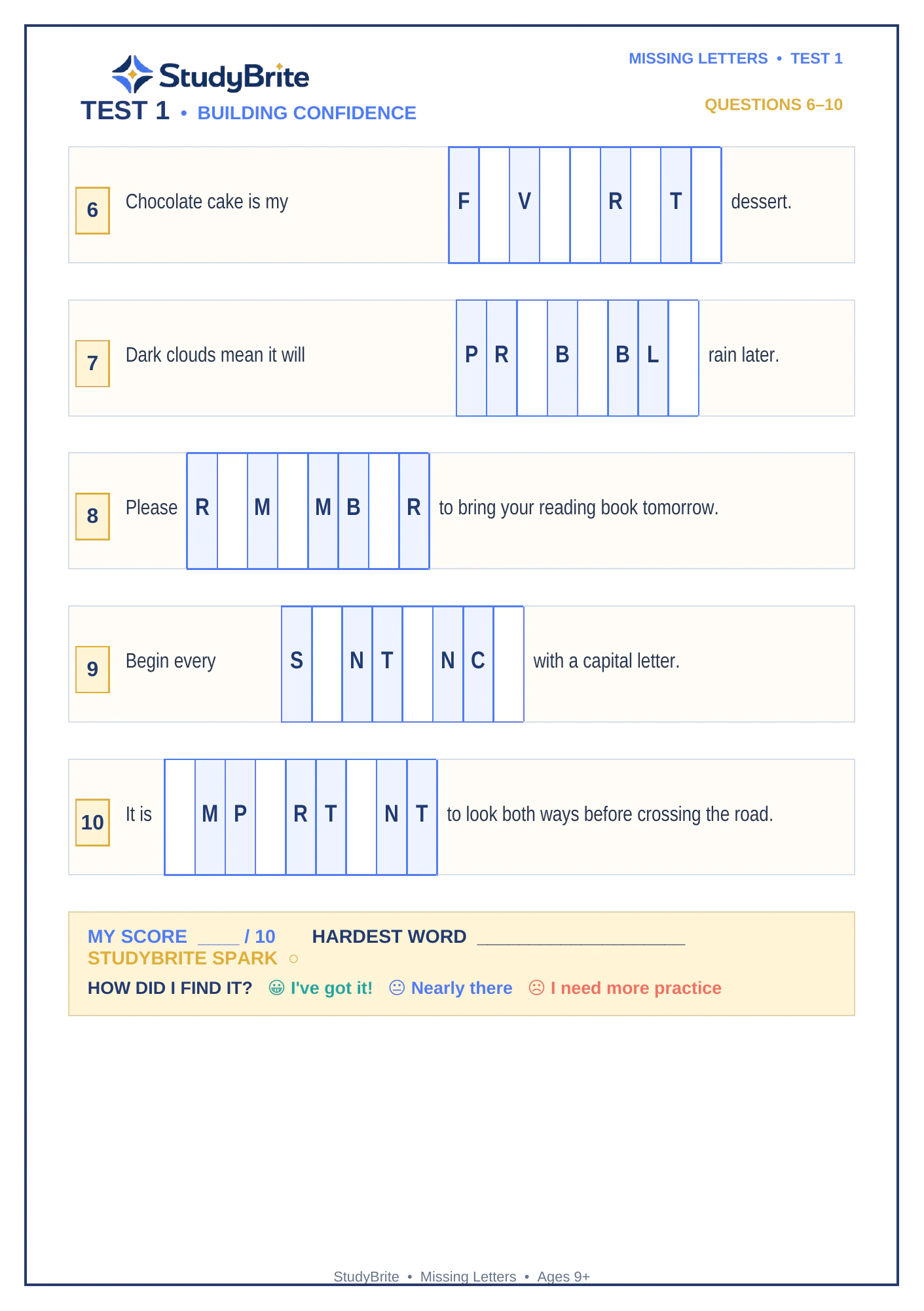 StudyBrite Missing Letters structured test and progress page