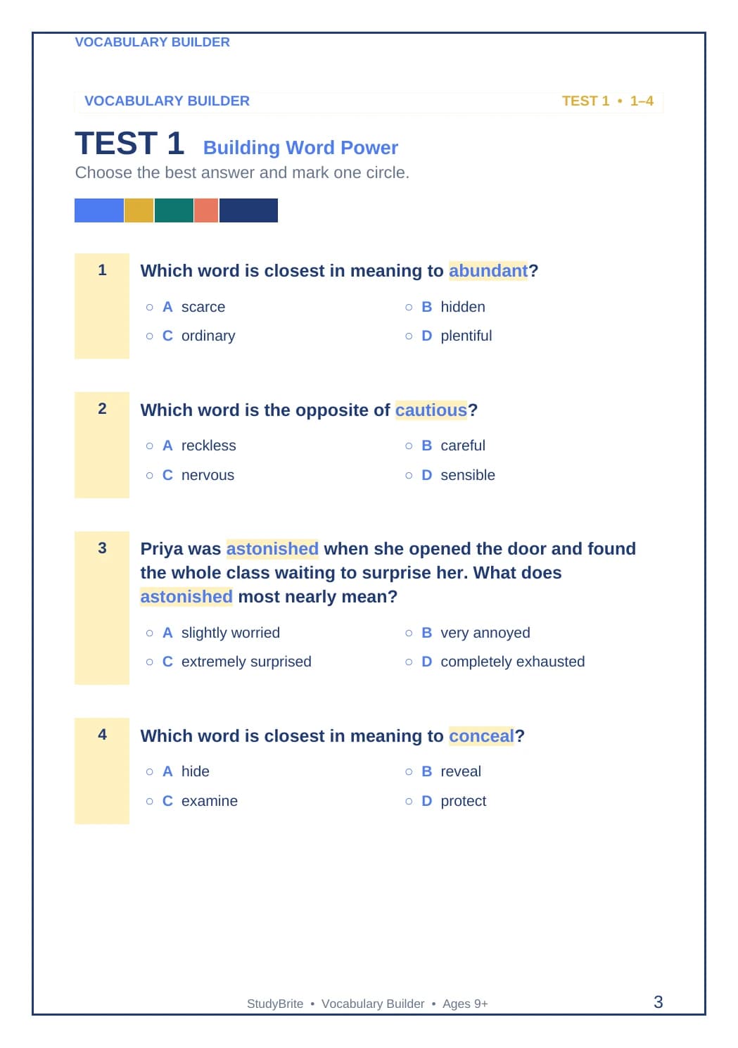 Vocabulary Builder Test 1 question page